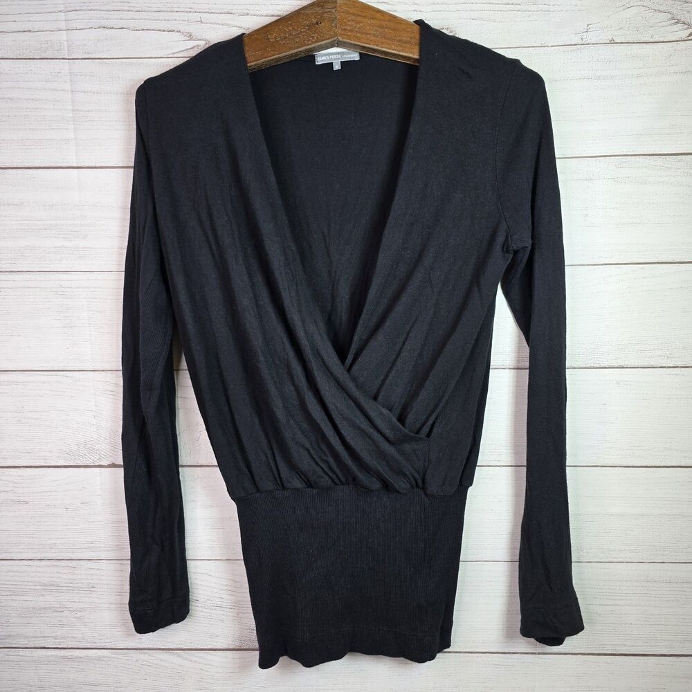 James Perse Sweater Womens Size 4 Black Wrap Style Knit Long Sleeve Drapey